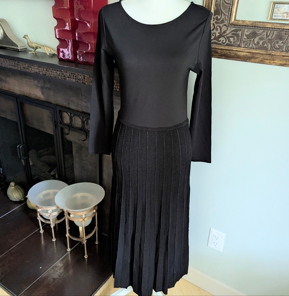 Soft Surroundings Womens Petite Small Palmero Pleated Dress Black Mixed Knit 170